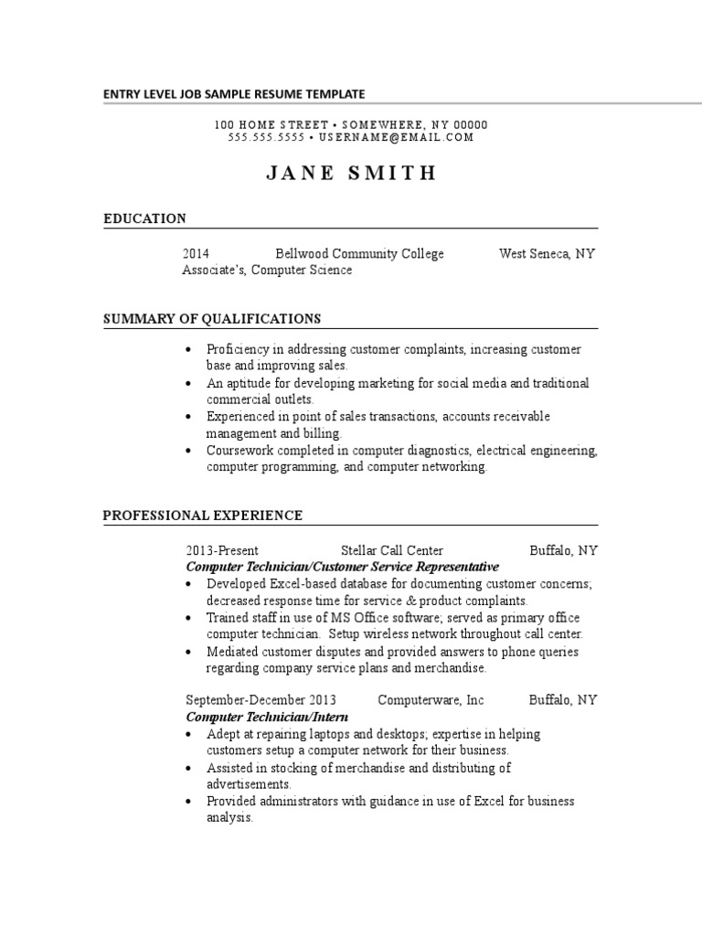 Jane Smith: Entry Level Job Sample Resume Template | PDF