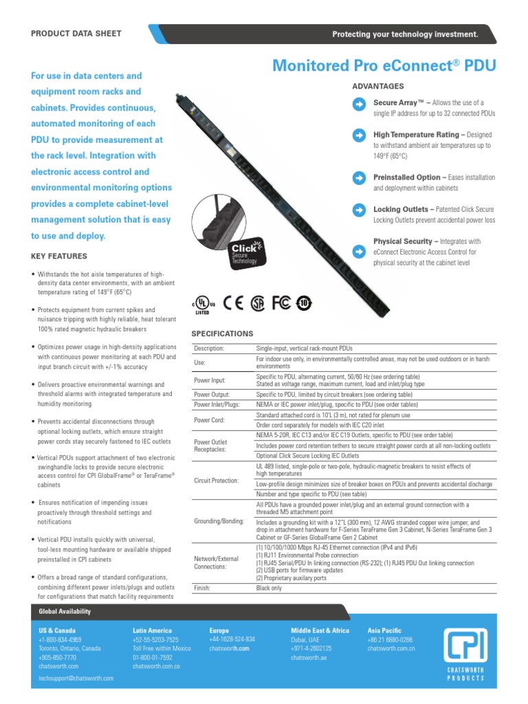 Econnect Pdu MonitoredPro Datasheet PDF Ac Power Plugs And Sockets Data Center