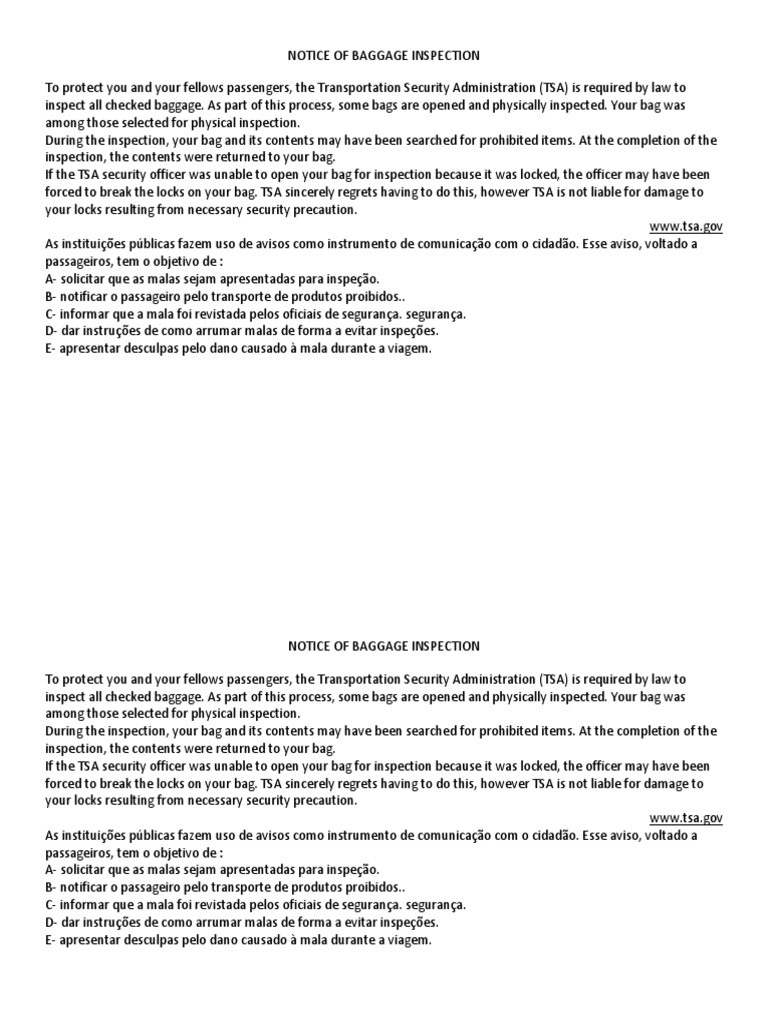 Notice Of Baggage Inspection 15 Transportation Security Administration Federal Law Enforcement Agencies Of The United States
