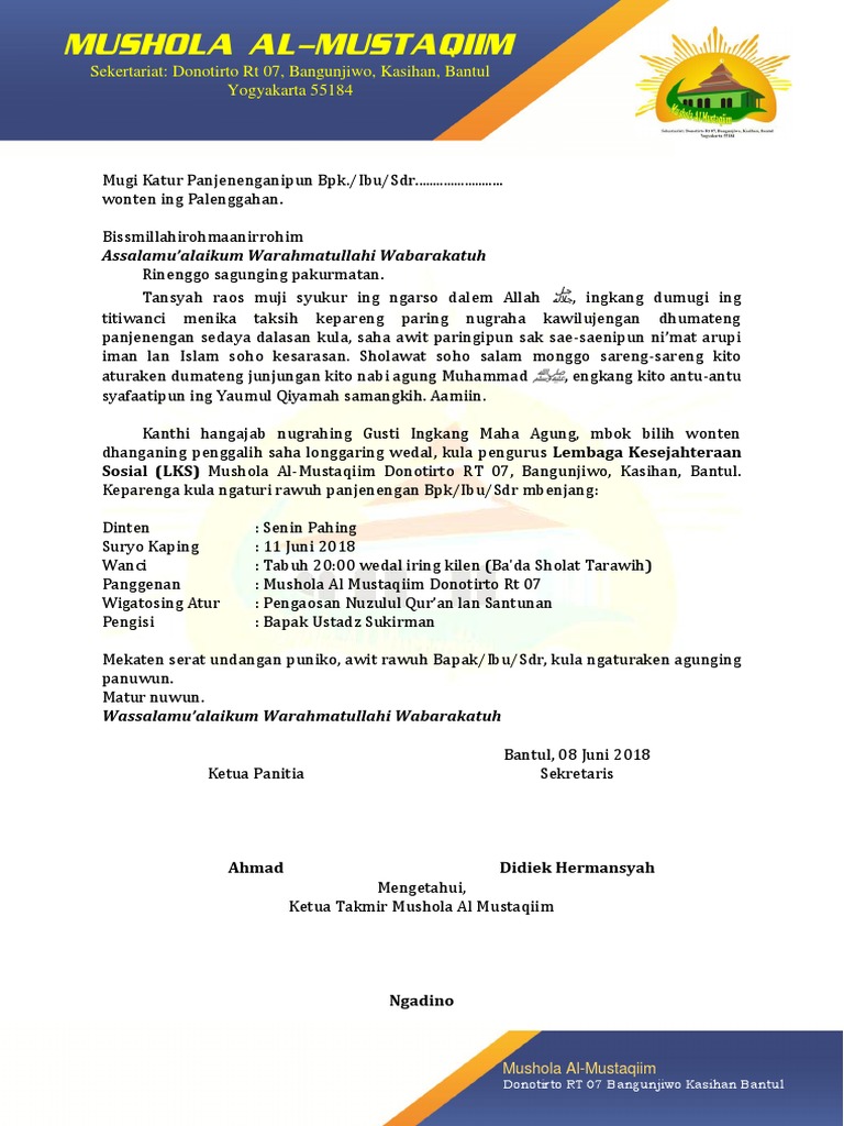 940+ Contoh Surat Undangan Pengajian Nuzulul Quran Gratis Terbaru