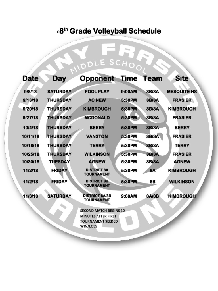 Frasier 8th Volleyball Schedule 2018 PDF
