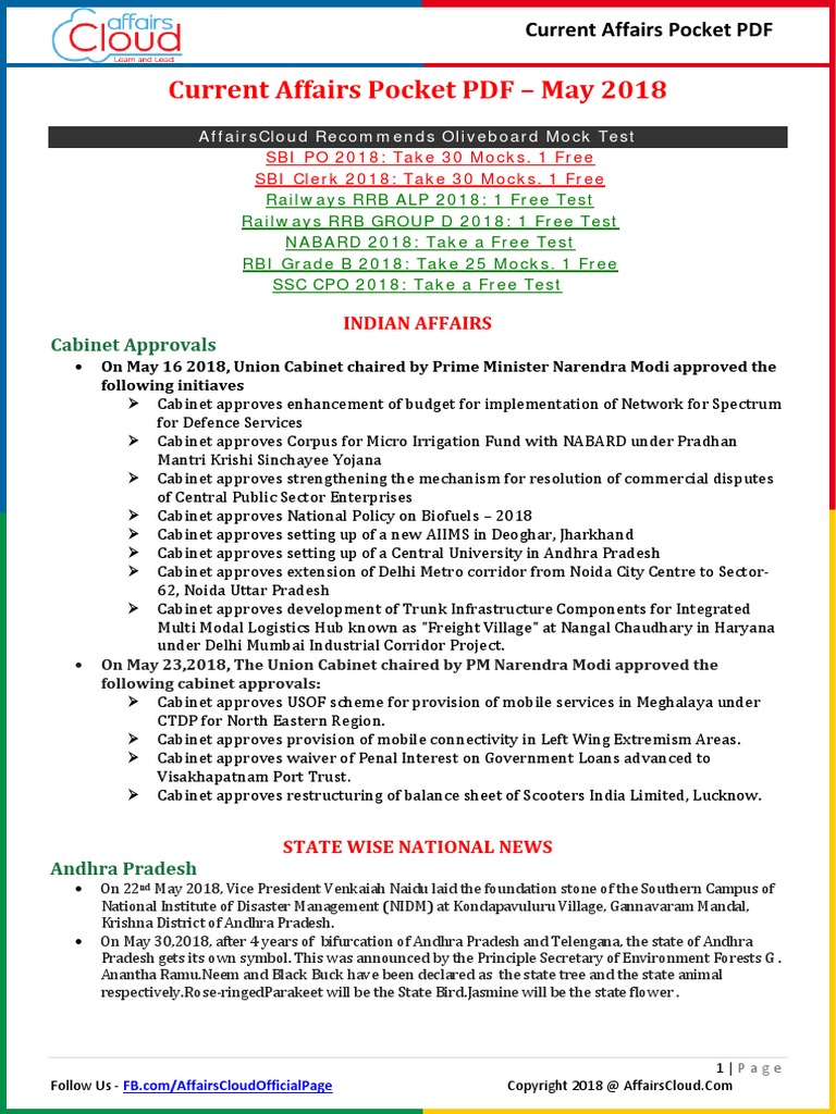 Current Affairs Pocket PDF - May 2018 by AffairsCloud | PDF ...