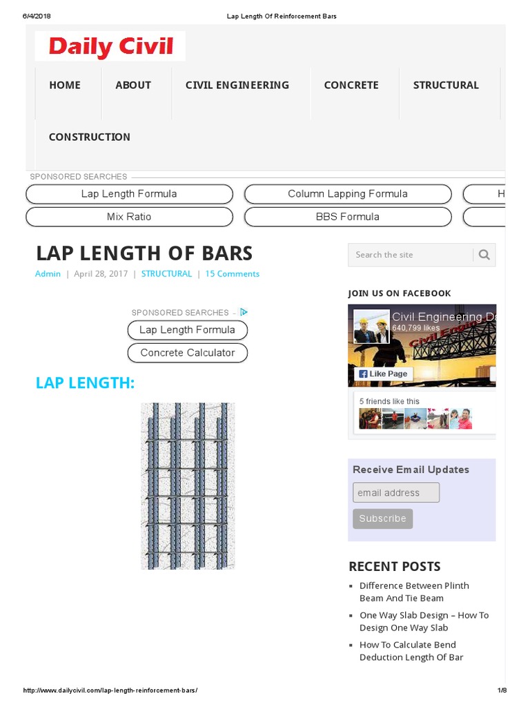 Lap Length of Reinforcement Bars PDF Beam (Structure) Column