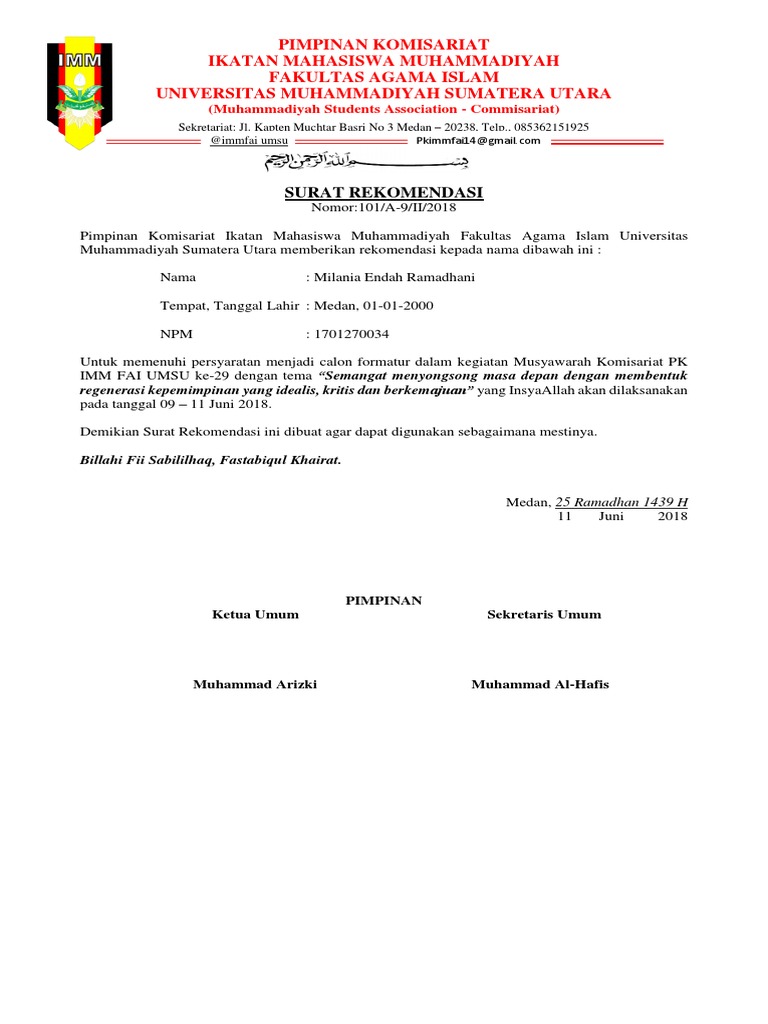 Contoh Surat Rekomendasi