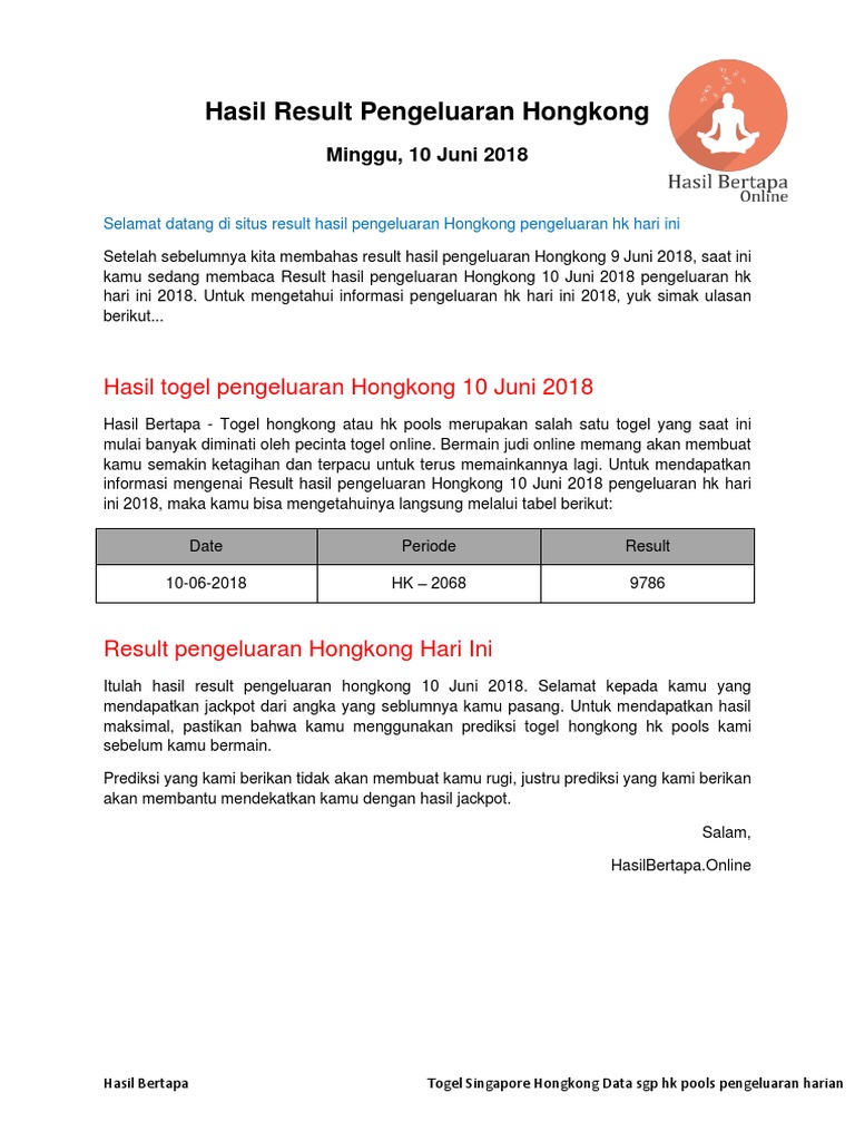 Result Hasil Pengeluaran Hongkong 10 Juni 2018 Pengeluaran Hk Hari Ini 2018 Hasil Bertapa Pdf