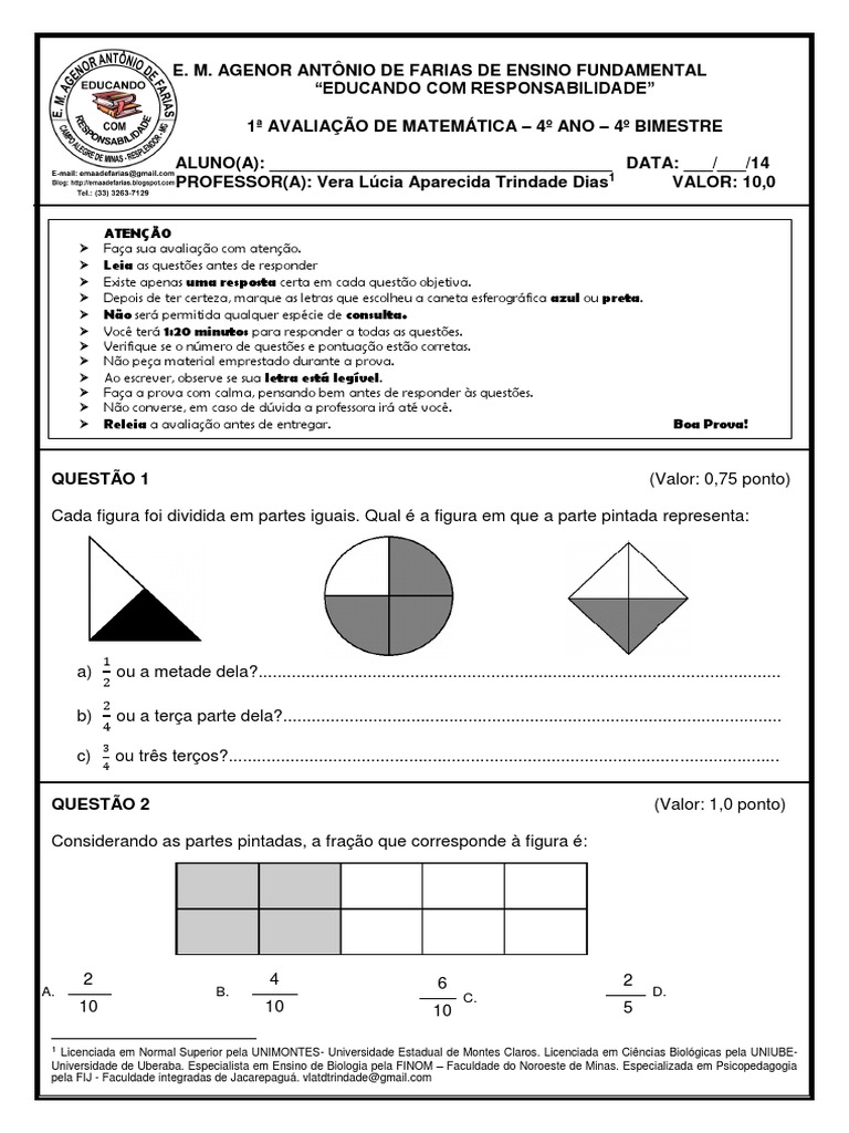 1ª Avaliação de Matemática – 4º Ano – 4º Bimestre | Fração (Matemática ...