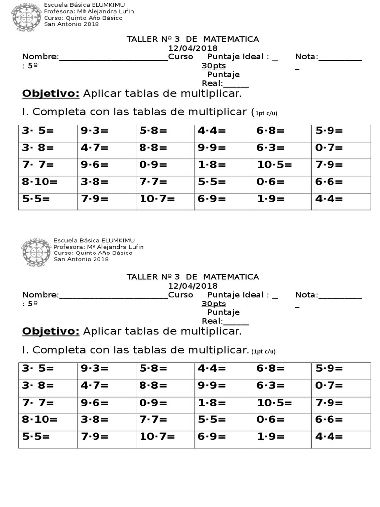 Taller 3 Tablas de Multiplicar