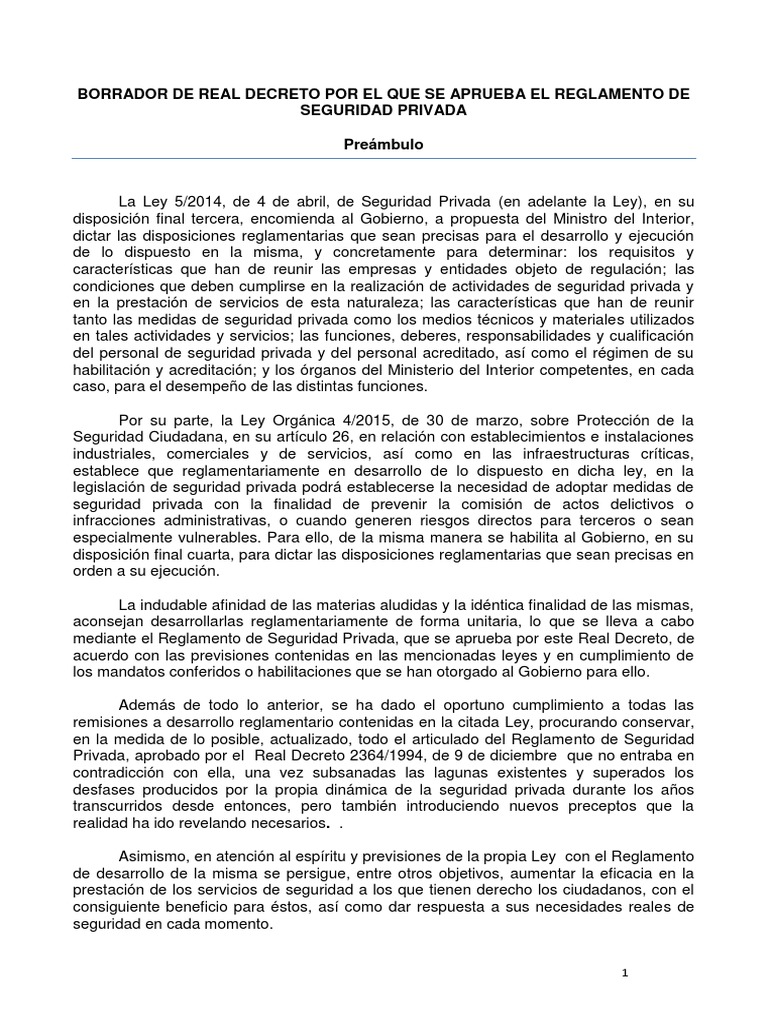 Borrador Seguridad Privada 2018 PDF Regulación Investigador privado