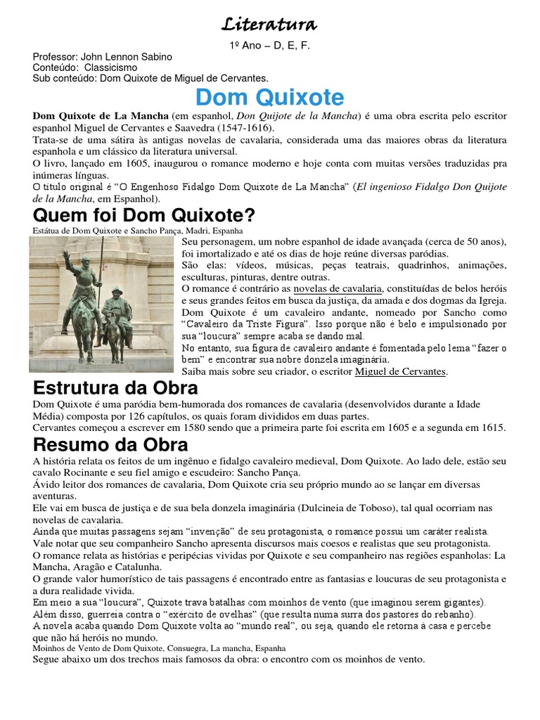 Dom Quixote - Análise Da Obra - Resumo | PDF | Dom Quixote