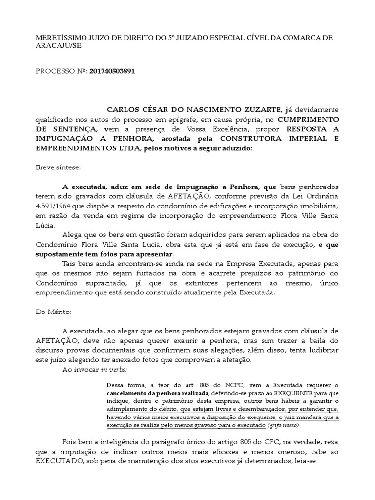 Resposta a Impugnação à Penhora | Sentença (Lei) | Justiça