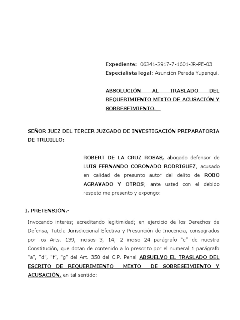 Absolución Al Traslado Del Requerimiento de Acusación PDF Procedimiento Criminal Derecho penal