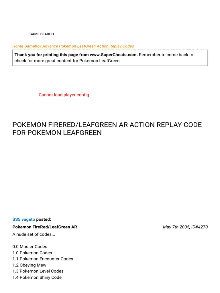 Gameshark codes Pokemon FireRed v1.0 and v1.1 - gameboy advance