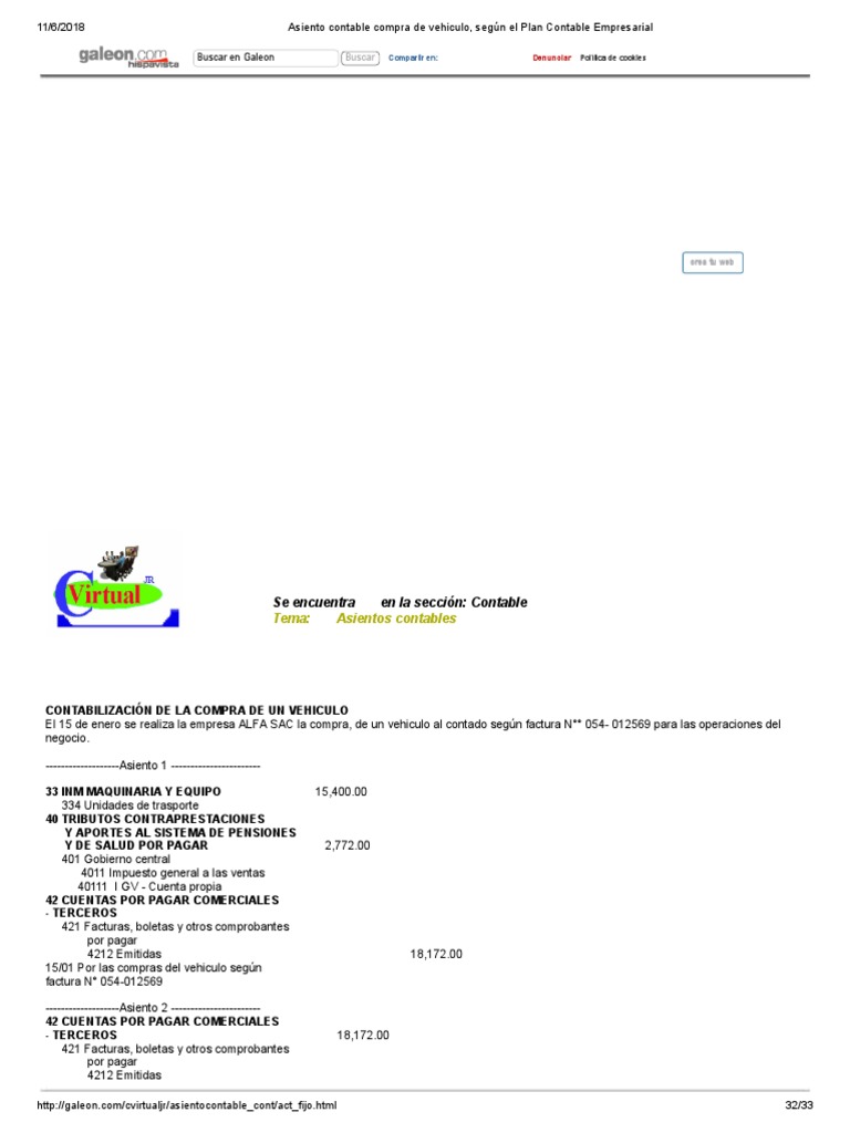 Asiento Contable Compra De Vehiculo Según El Plan Contable Empresarial