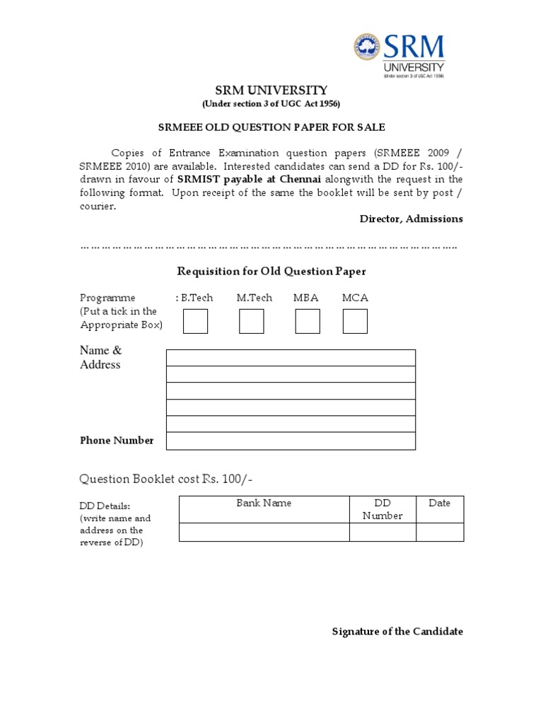 SRM Entrance Exam Question Papers Sale | PDF