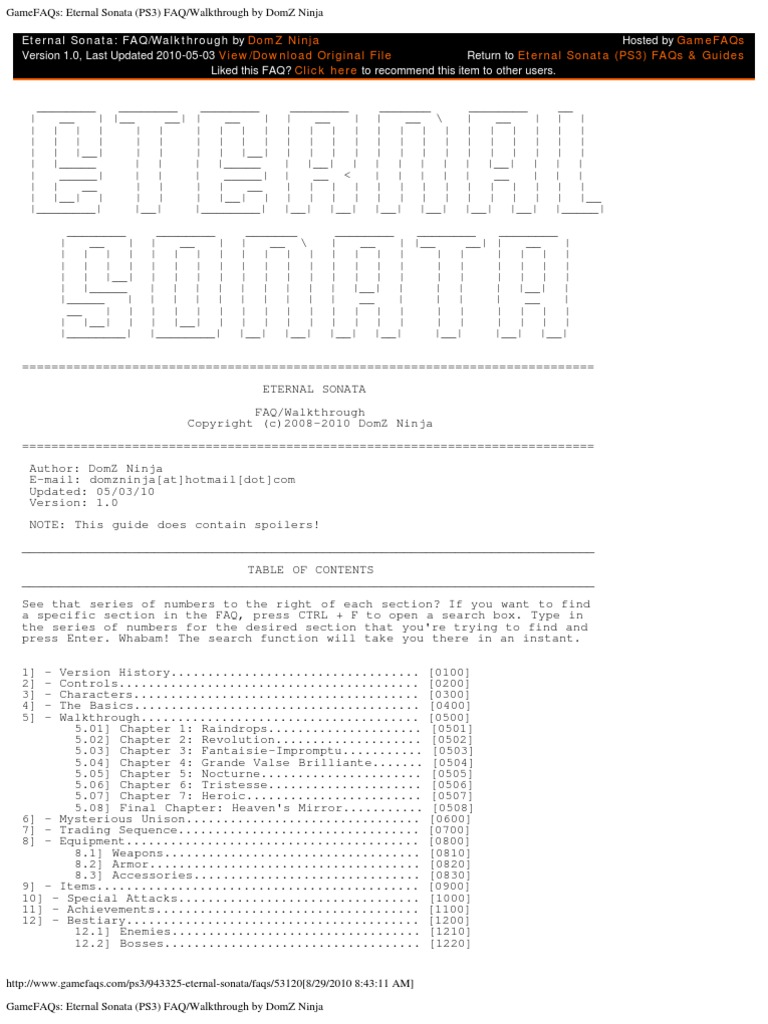 Gamefaqs Eternal Sonata Ps3 Faq Walkthrough By Domz Ninja Strategy Guide Leisure