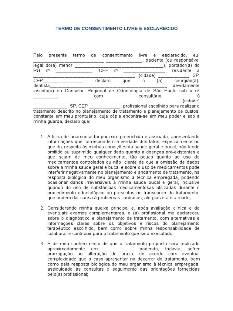 Termo De Consentimento Livre E Esclarecido | Dentista | Odontologia