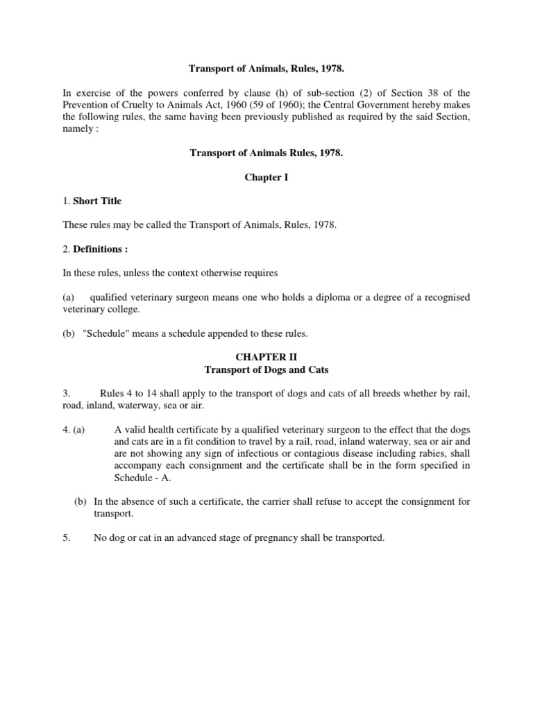 The Transport of Animals Rules, 1978 Infection Public Health