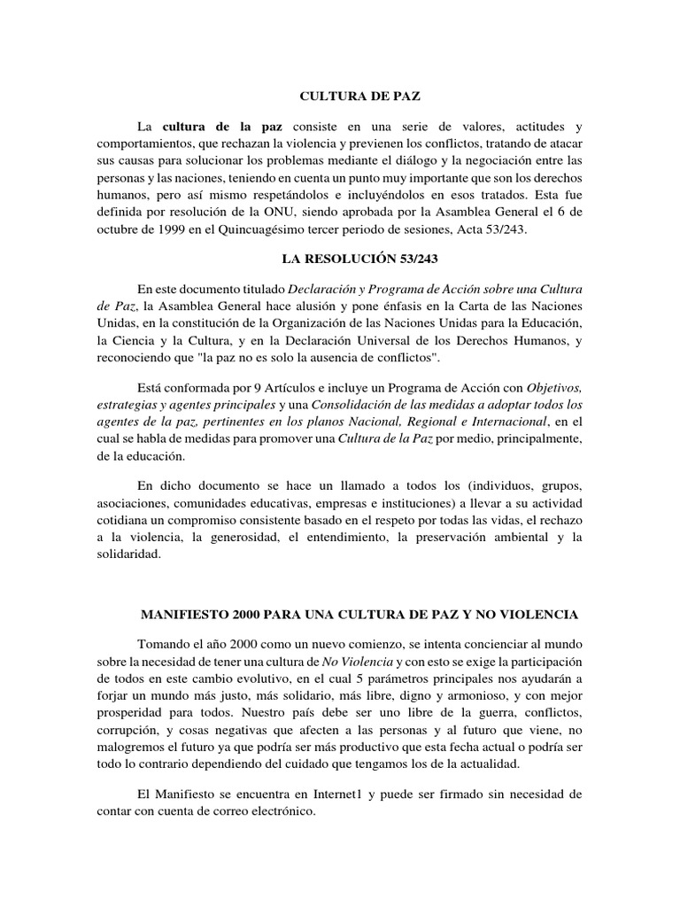 Cultura de Paz | PDF | Violencia | Naciones Unidas