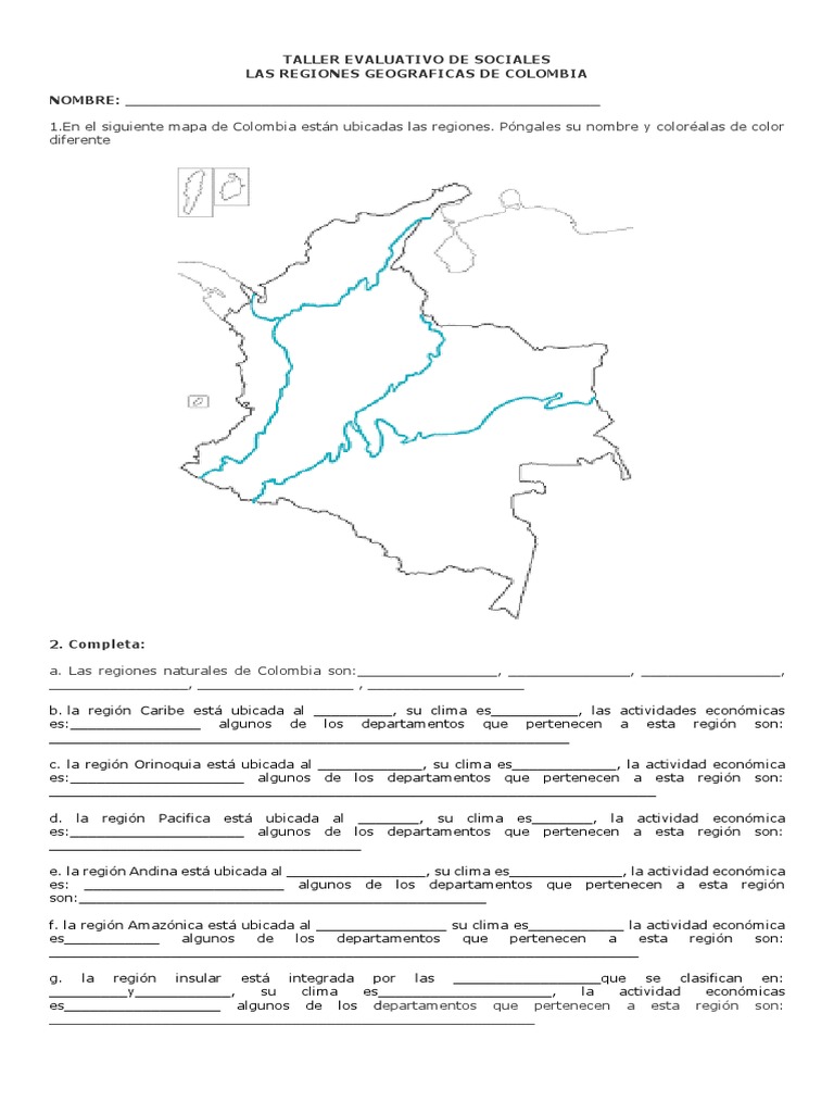 Taller Evaluativo de Sociales Regiones Gograficas de Colombia | PDF ...