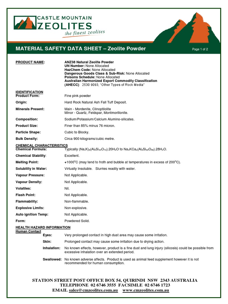 Material Safety Data Sheet Zeolite Powder PDF Dust Dangerous Goods