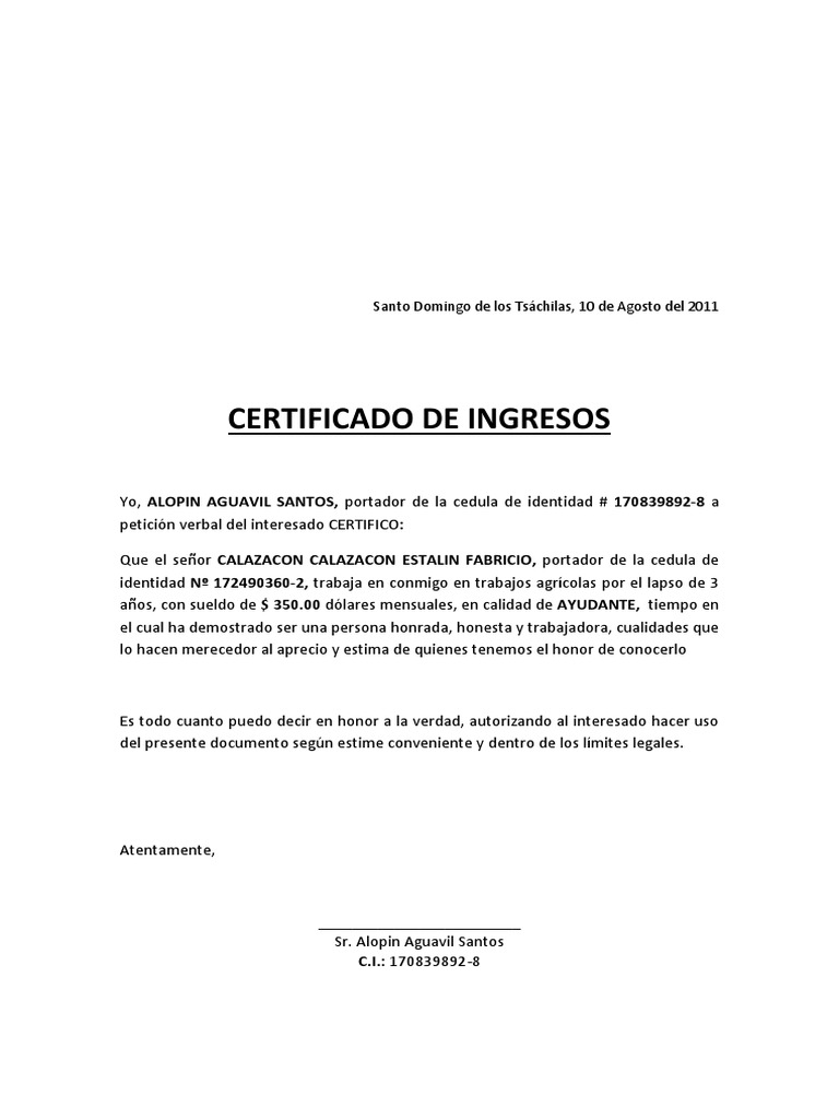 Formato Carta De Ingresos