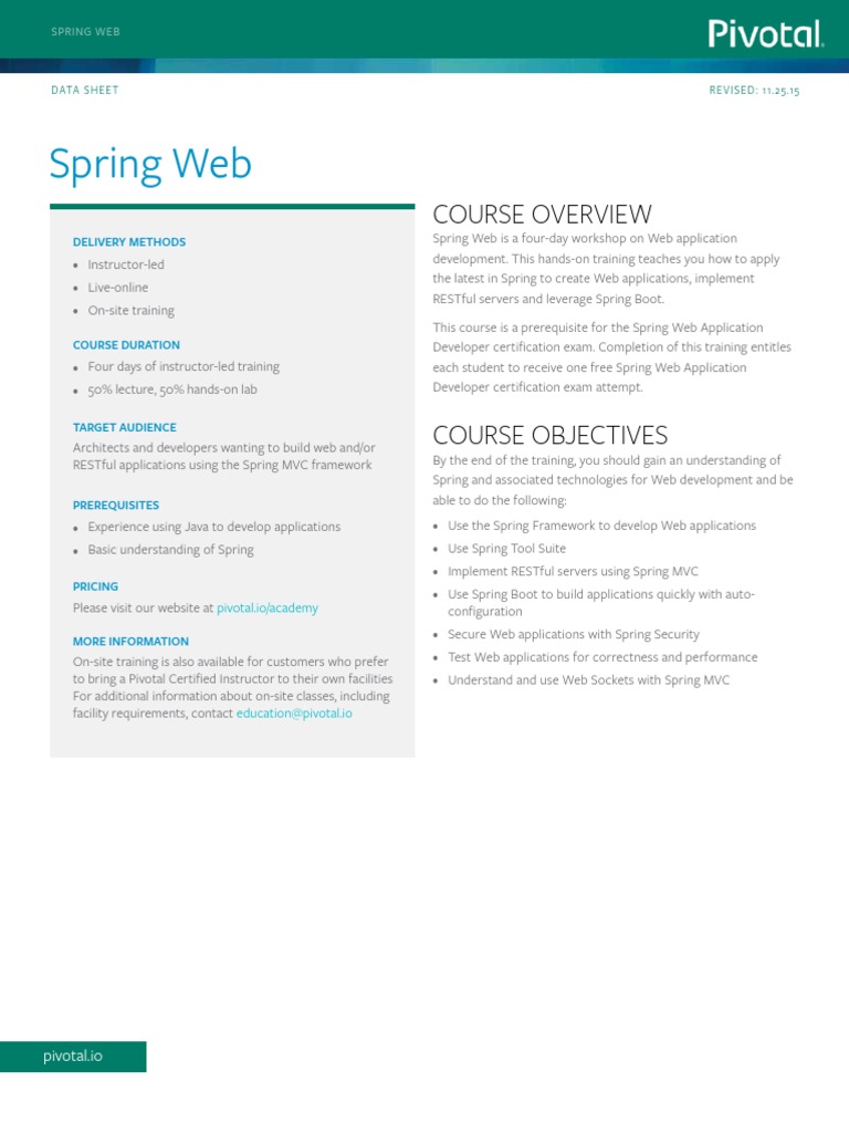 Pivotal EDU Spring Datasheet PDF PDF Spring Framework Model
