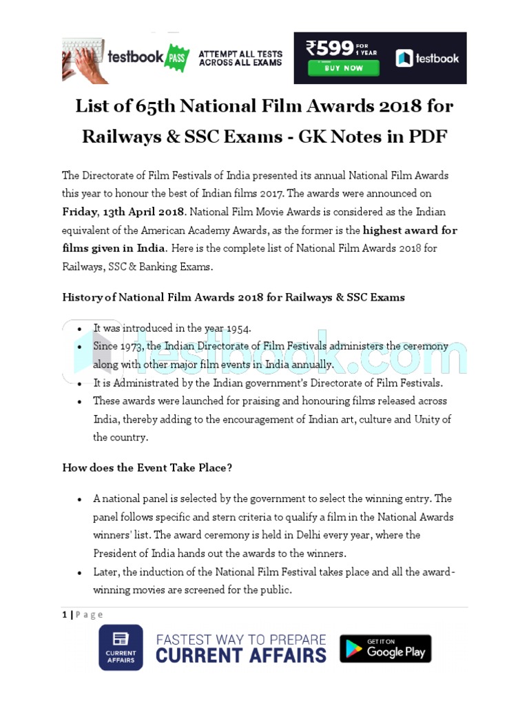 List Of 65th National Film Awards 2018 For Railways Ssc Exams Gk