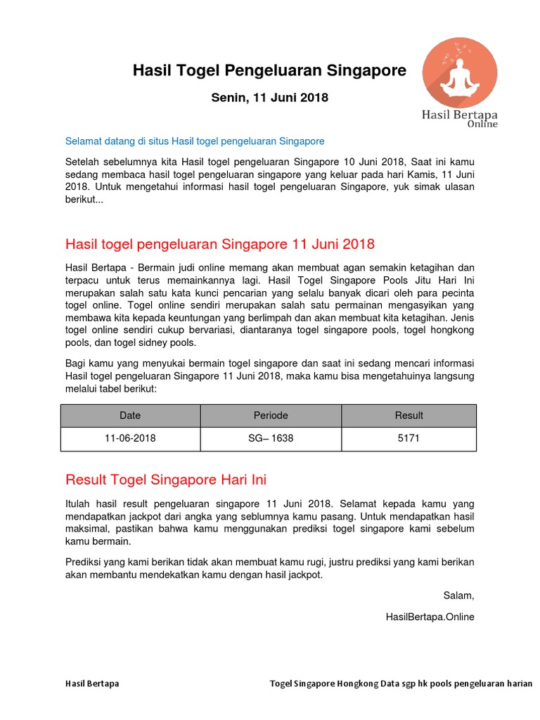 Hasil Togel Pengeluaran Singapore 11 Juni Hasil Bertapa