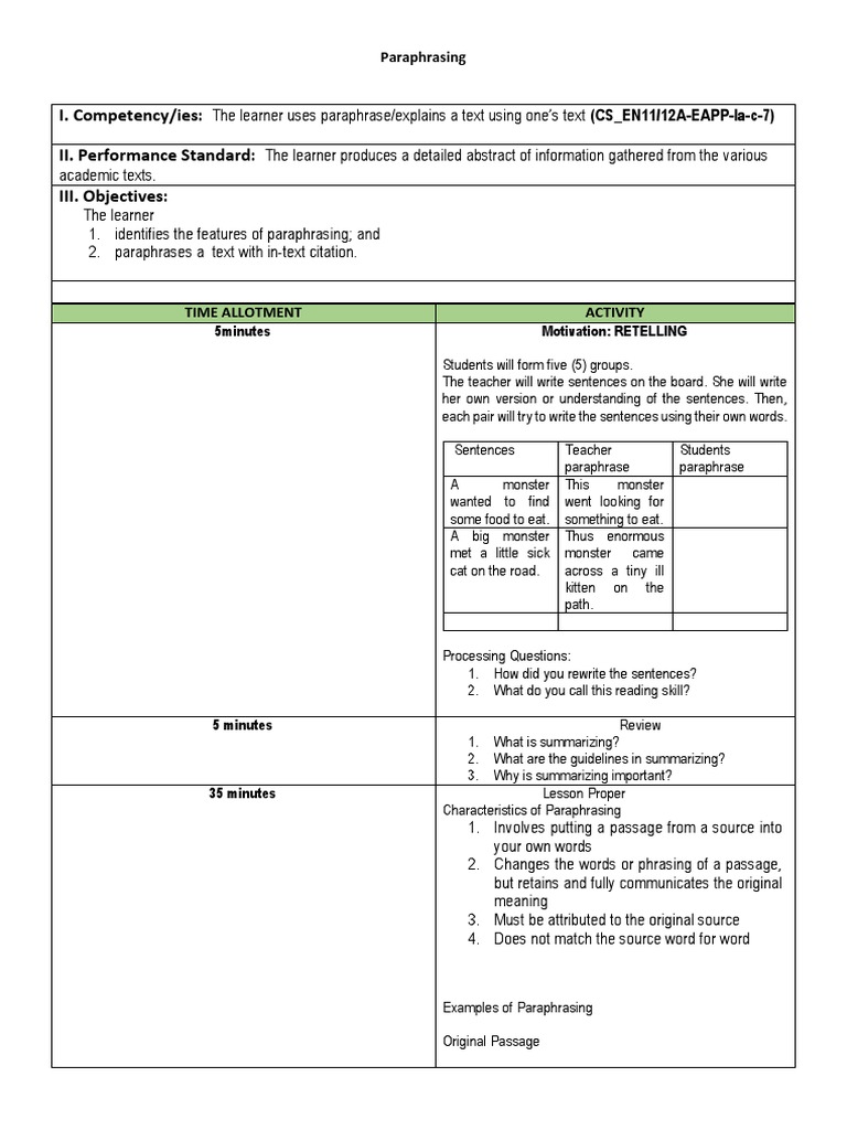 summarizing and paraphrasing lesson plan