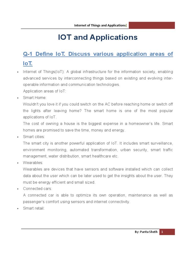 Lot and Applications Q1 Define Iot. Discuss Various Application Areas