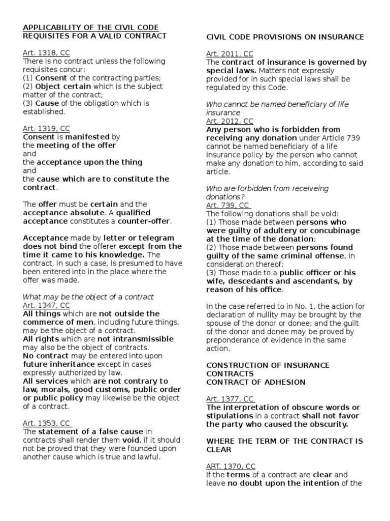 Valid Contract Requirements and Insurance Law | PDF | Offer And ...