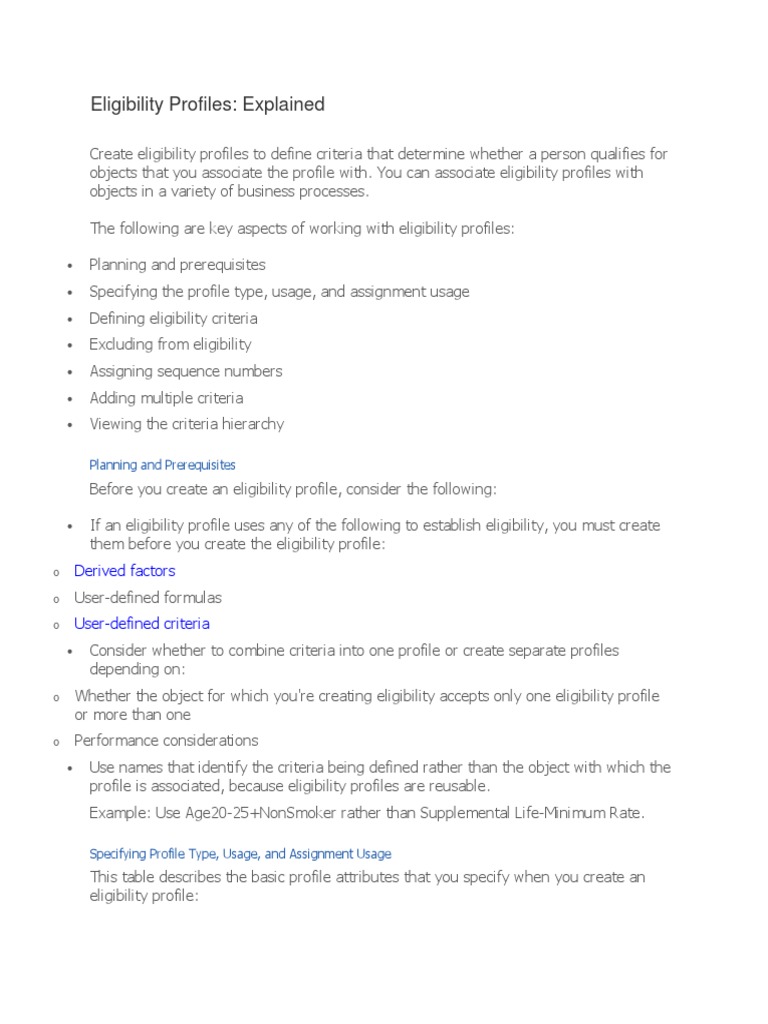 Eligibility Profiles Explained Derived Factors UserDefined Criteria