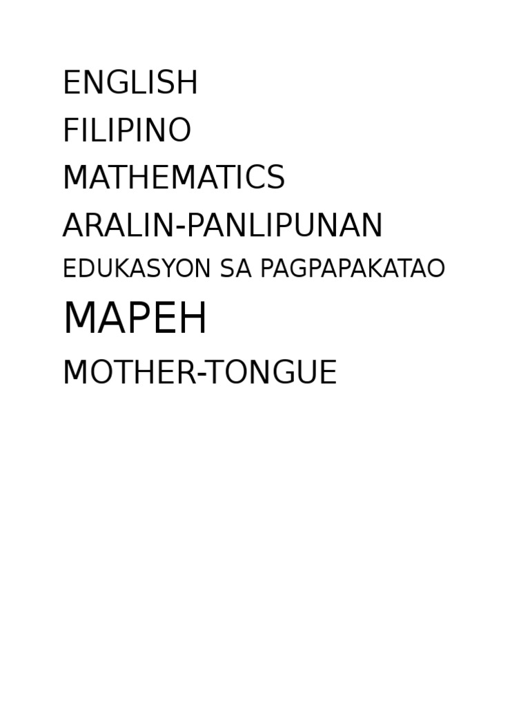 English Filipino Mathematics AralinPanlipunan Mapeh PDF