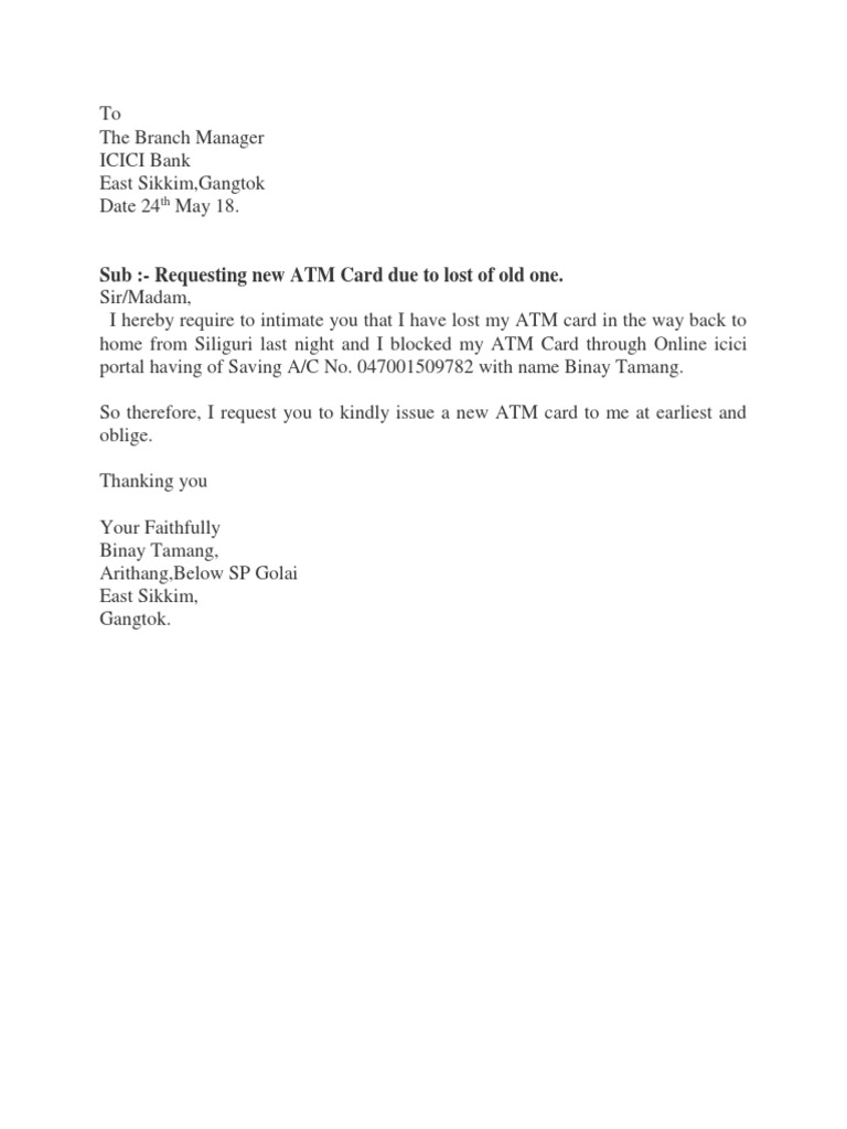 SubRequesting New ATM Card Due To Lost of Old One PDF Banking