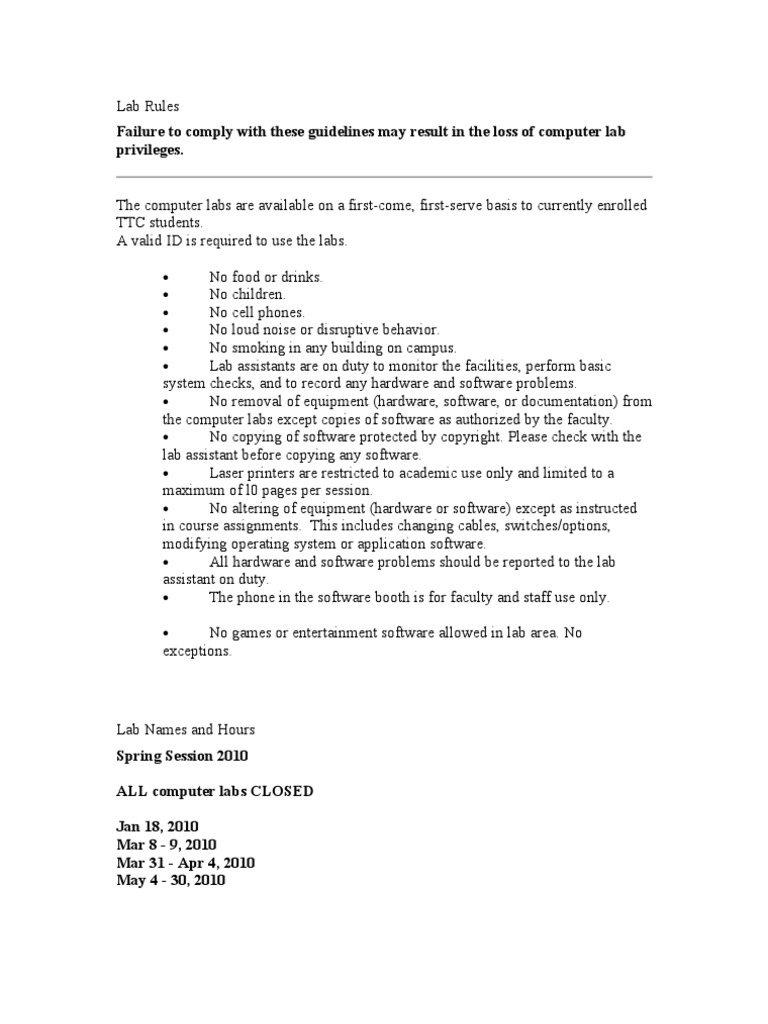 TTC Computer Lab Usage Guidelines | PDF