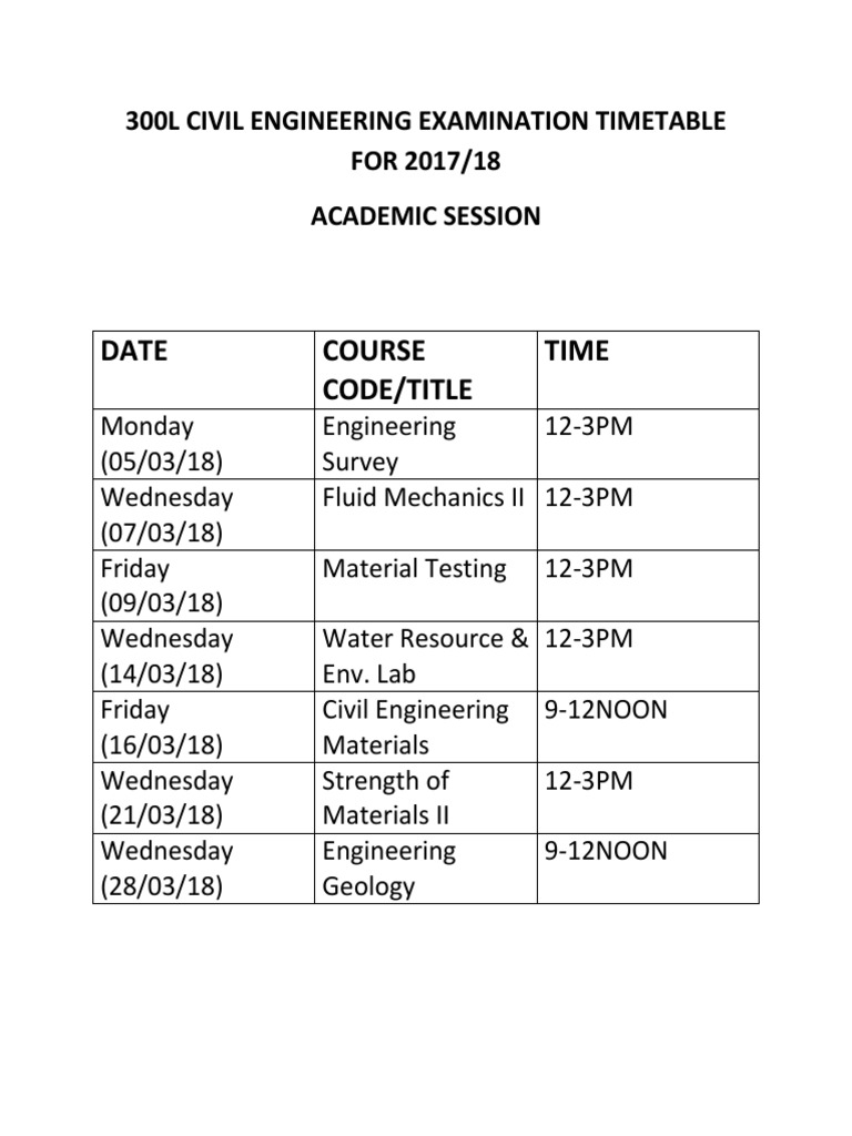 300L Civil Engineering Exam Schedule | PDF