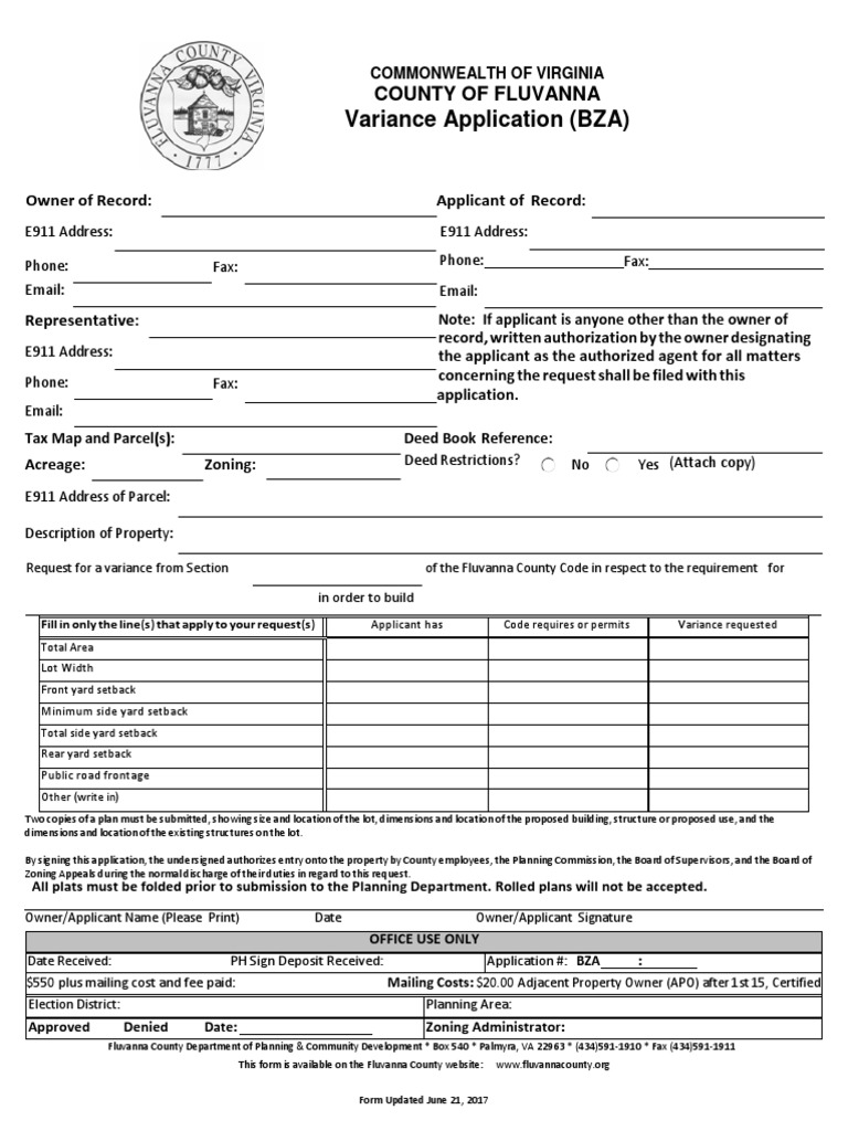 Variance Application (BZA) : County of Fluvanna | PDF | Land Lot ...