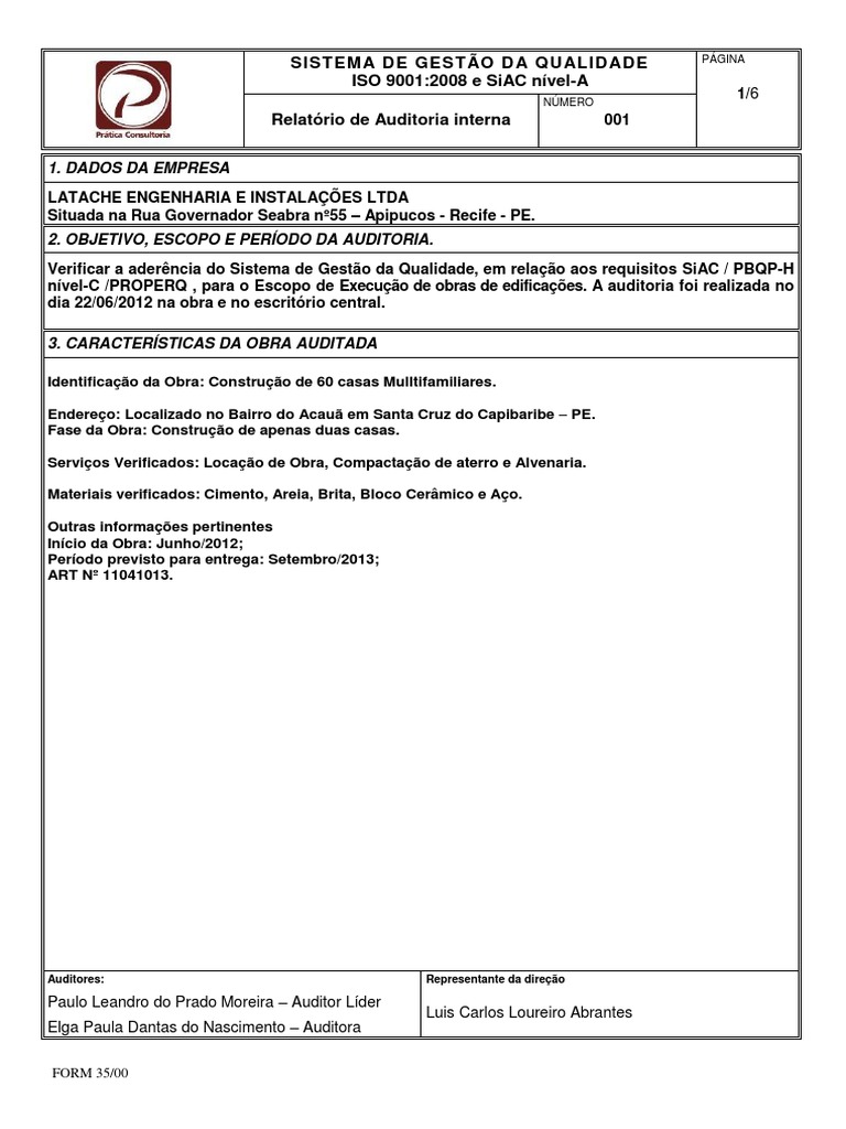 Relatório de Auditoria Interna ISO 9001 | PDF | Auditoria interna ...