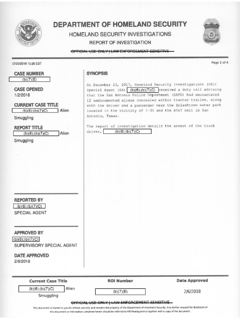 Homeland Security Investigations Report For December 23, 2017 Human