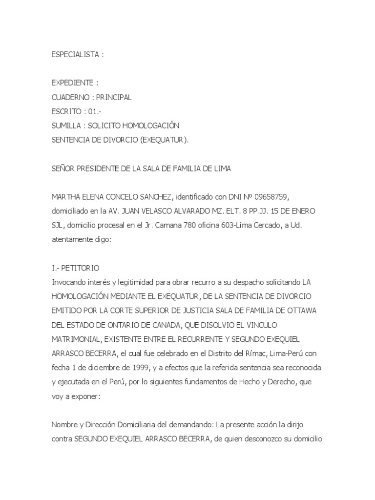 Modelo Exequatur 2 | Divorcio | Demanda judicial