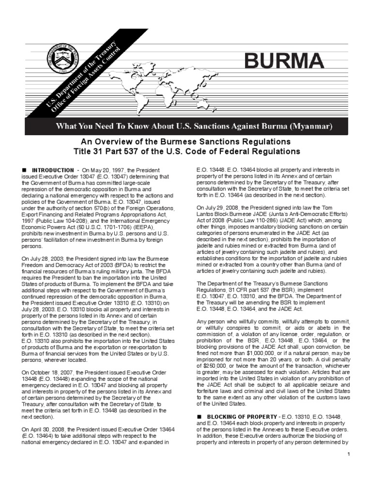 An Overview of the Burmese Sanctions Regulations Title 31 Part 537 of