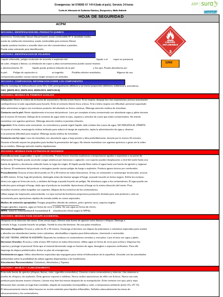 Hoja de Seguridad Acpm. | PDF | Combustible diesel | Agua
