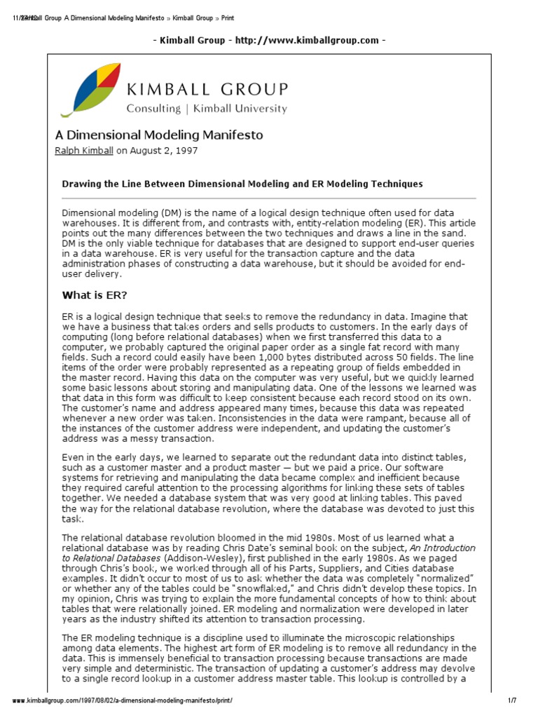 Kimball Group A Dimensional Modeling Manifesto Kimball Group Print