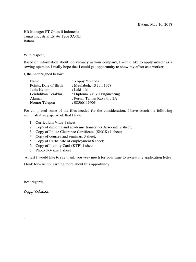 job application letter example dan artinya
