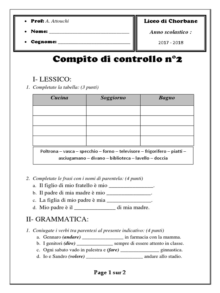 Compito di controllo n° 2 (1718) s