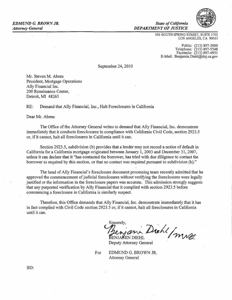 California Attorney General Cease And Desist Letter To Ally GMAC Ally 