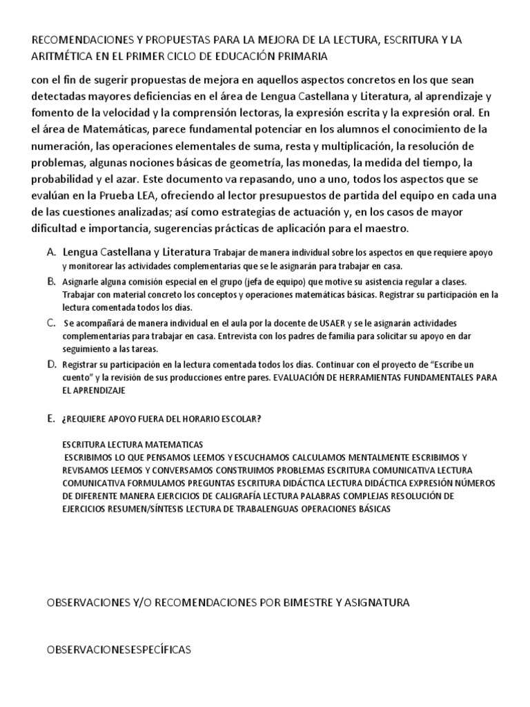 Mejora de Lectura y Escritura en Primaria | PDF | Lectura (proceso ...