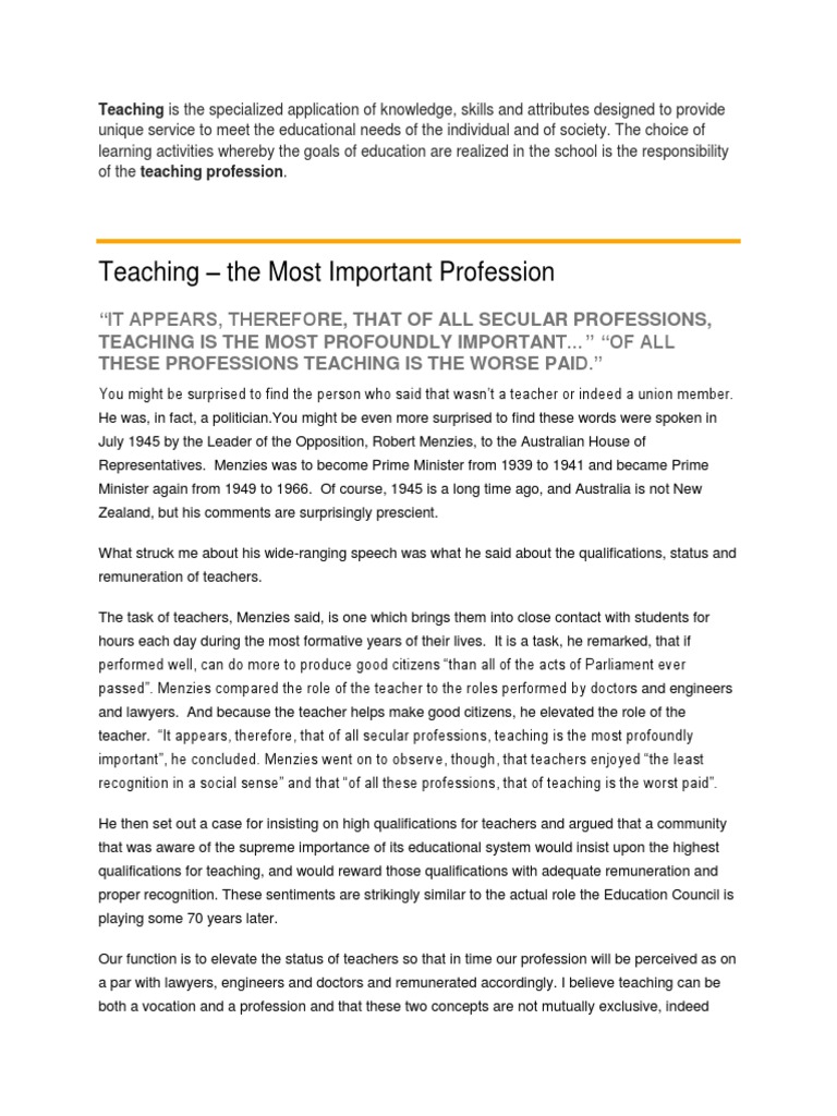 Teaching - The Most Important Profession | PDF | Profession | Teachers