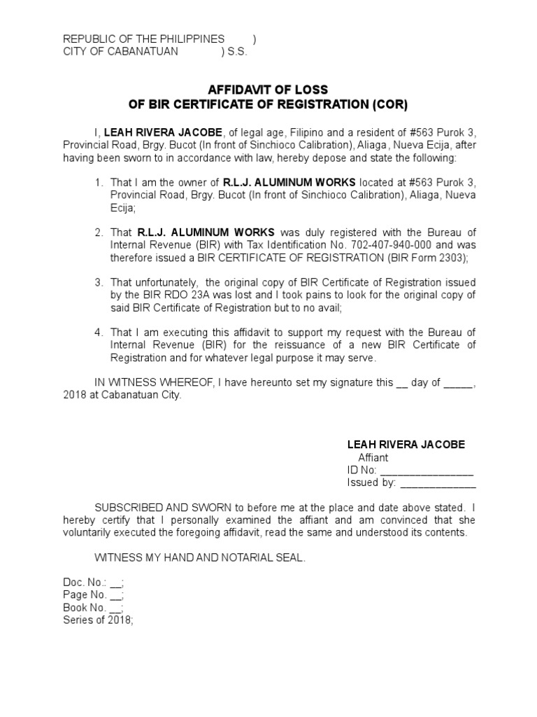 Affidavit of Loss: BIR COR Sample | PDF | Law