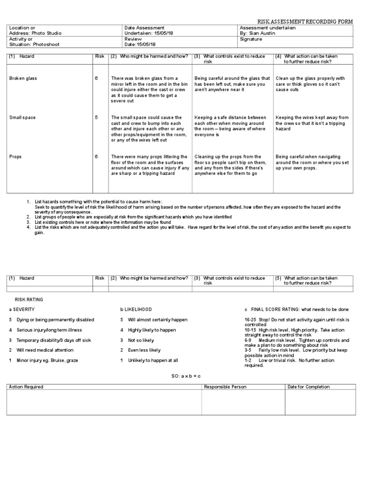 Photography Studio Risk Assessment Form | PDF | Hazards | Risk